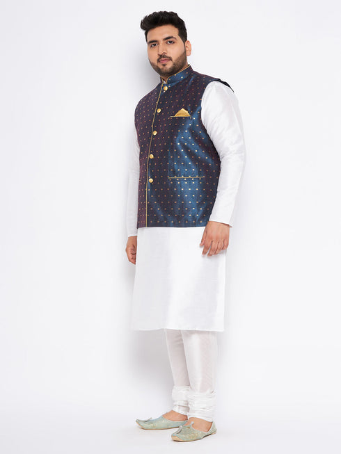 Vastramay Men's Plus Size Blue Zari Weaved Nehru Jacket With Kurta Pyjama set